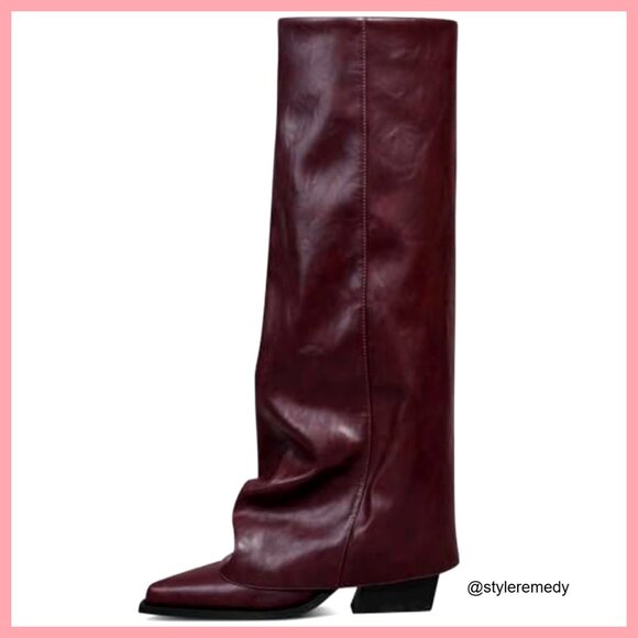 Women's Faux Leather Over the Knee Boots with Chunky Heel and Pointed Toe - Picture 4 of 7